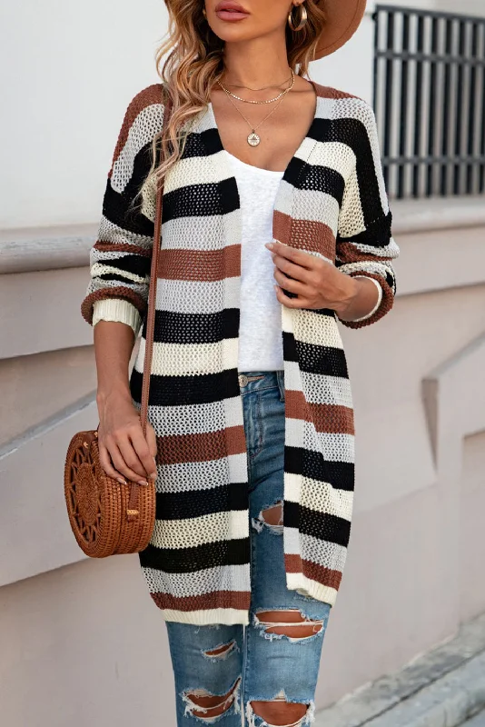 jet cardigan dark sheen -Full Size Striped Long Sleeve Openwork Cardigan