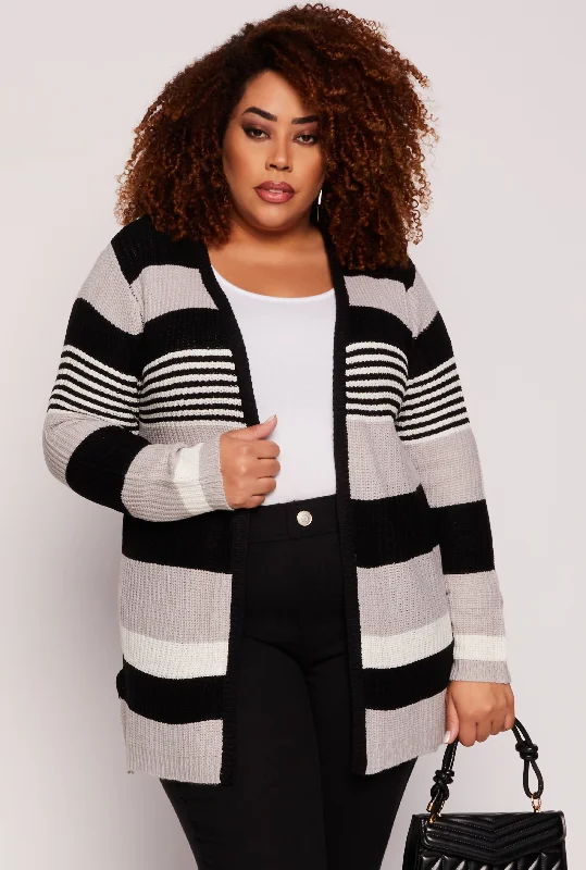 twill cardigan structured feel -Plus Size Striped Open Front Cardigan