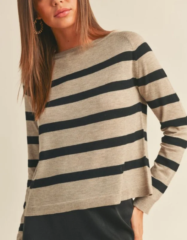 pullover sweater with ribs -Hazel Striped Round Neck Basic Body Sweater Top