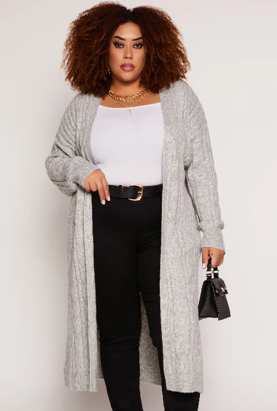 cardigan with slit cuffs -Plus Size Almost Famous Cable Knit Long Cardigan