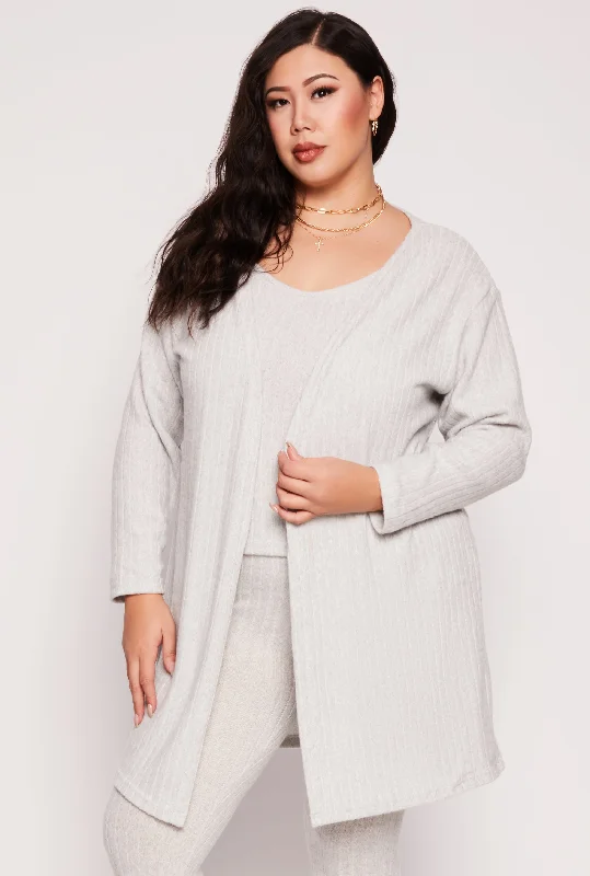 textured cardigan tactile style -Plus Size Brushed Ribbed Knit Long Cardigan