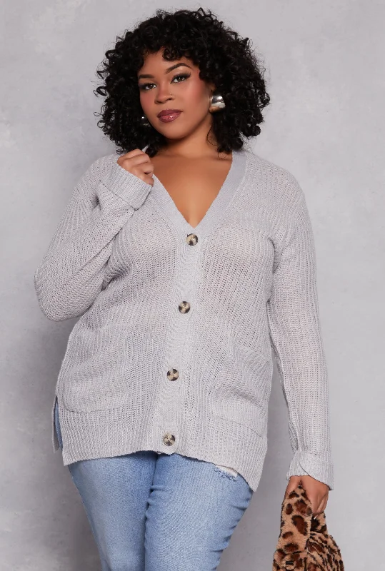 opal cardigan cool hue -Plus Size Button Front Knit Cardigan