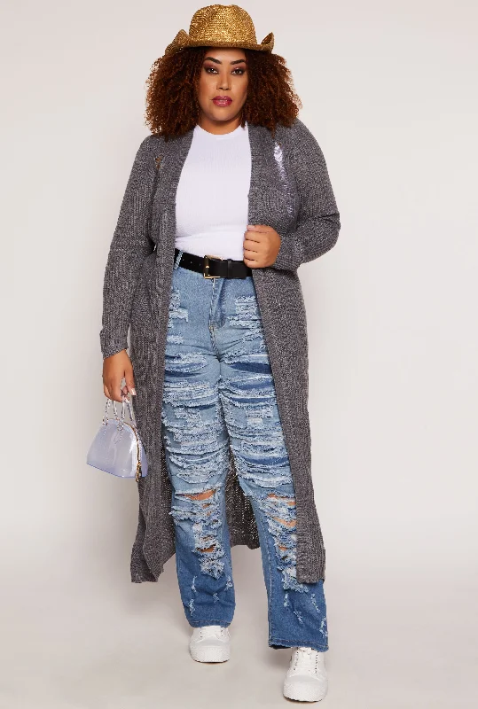 cardigan with ribbon cuffs -Plus Size Solid Distressed Long Cardigan