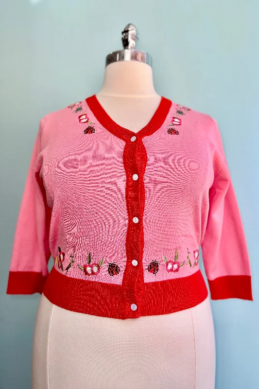 short cardigan urban chic -Insects and Flowers Embroidered Skye Cardigan in Pink by Miss Lulo