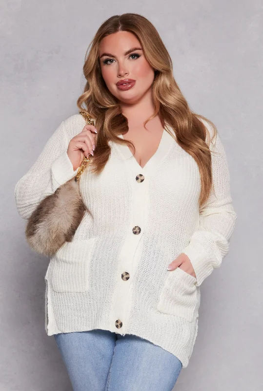 breathable hemp cardigan airy -Plus Size Button Front Knit Cardigan