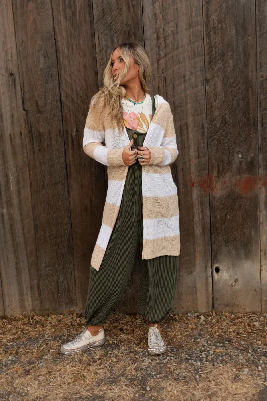 cardigan with pom-pom trim -Maisie Striped Hoodie Cardigan - Beige