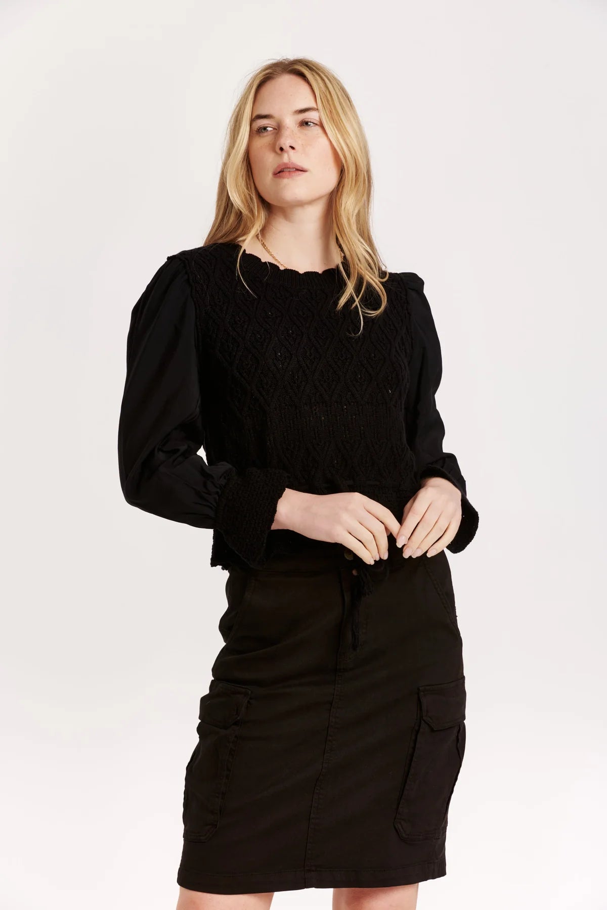 pullover sweater teens bold -Marylin Pointelle Mesh Sweater