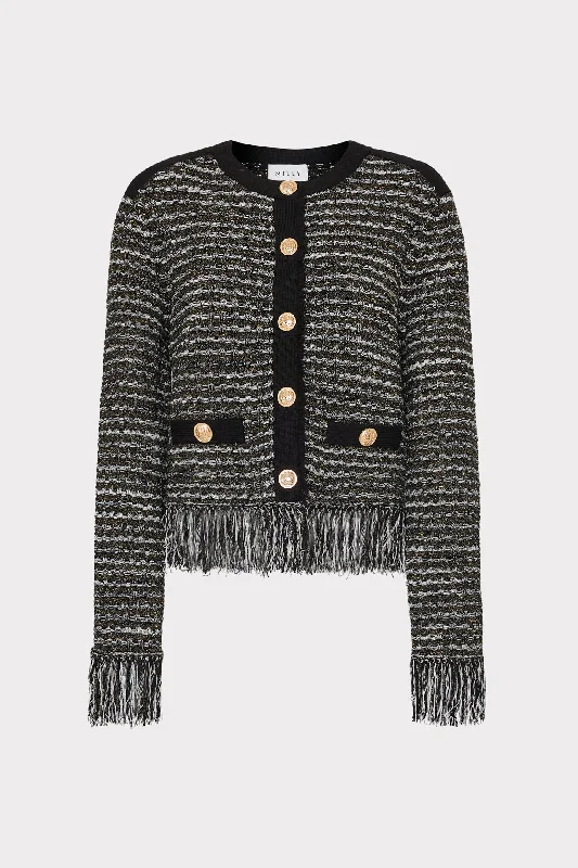 cardigan with fringe cuffs -Metallic Textured Fringe Cardigan