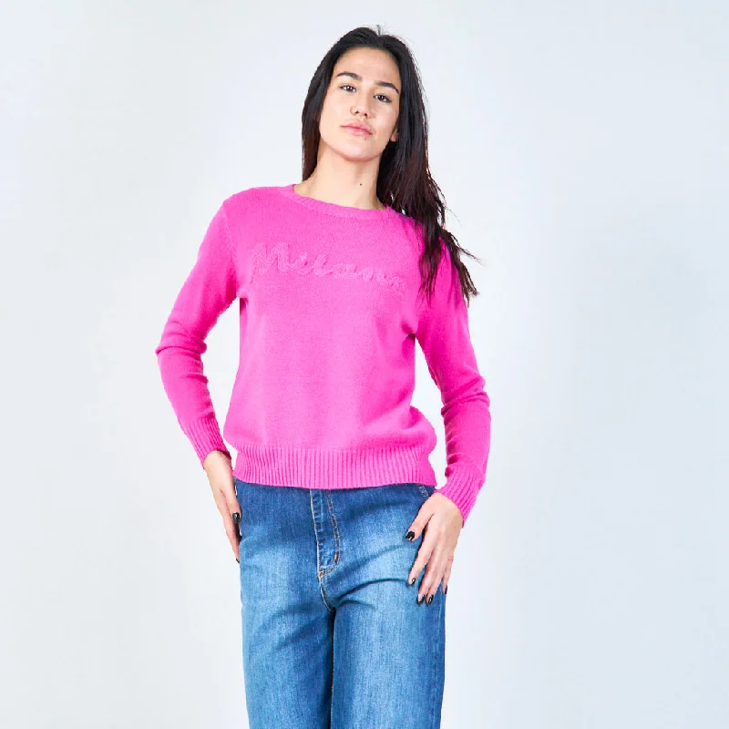 pullover sweater women soft indigo -Milano embroidered crew neck sweater wholesale