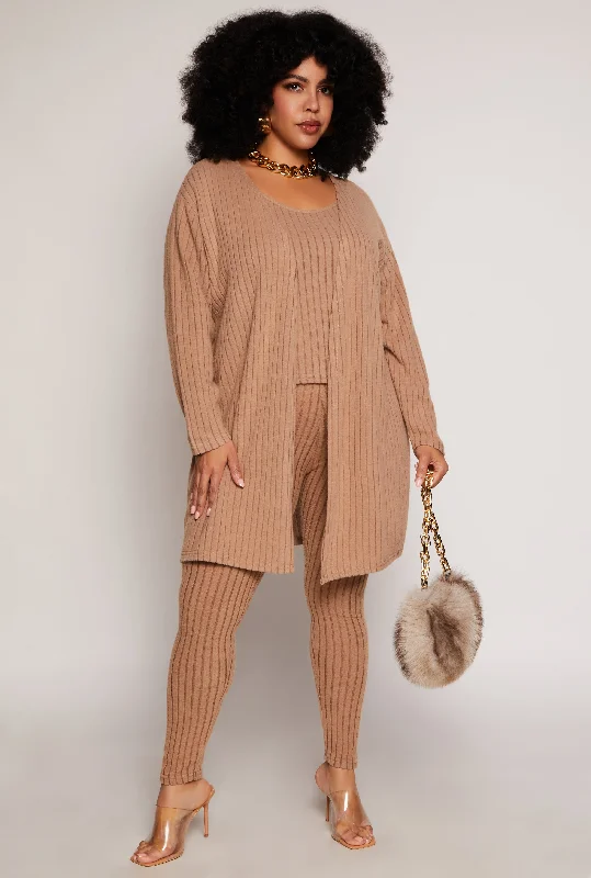 long cardigan layered look -Plus Size Brushed Ribbed Knit Long Cardigan