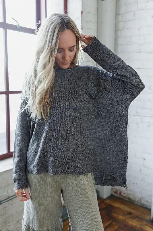 modal pullover sweater silky -Monday Strolls Frayed Sweater - Charcoal