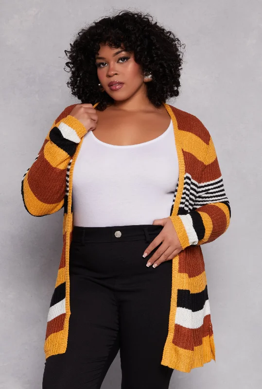 merino cardigan fine wool -Plus Size Striped Open Front Cardigan