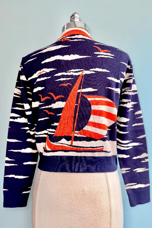 ribbed linen cardigan light -Navy Sailing Boat Jacquard Vera Cardigan by Palava