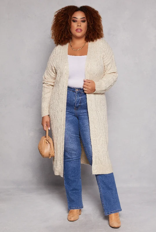 cardigan with flared hemline -Plus Size Almost Famous Cable Knit Long Cardigan