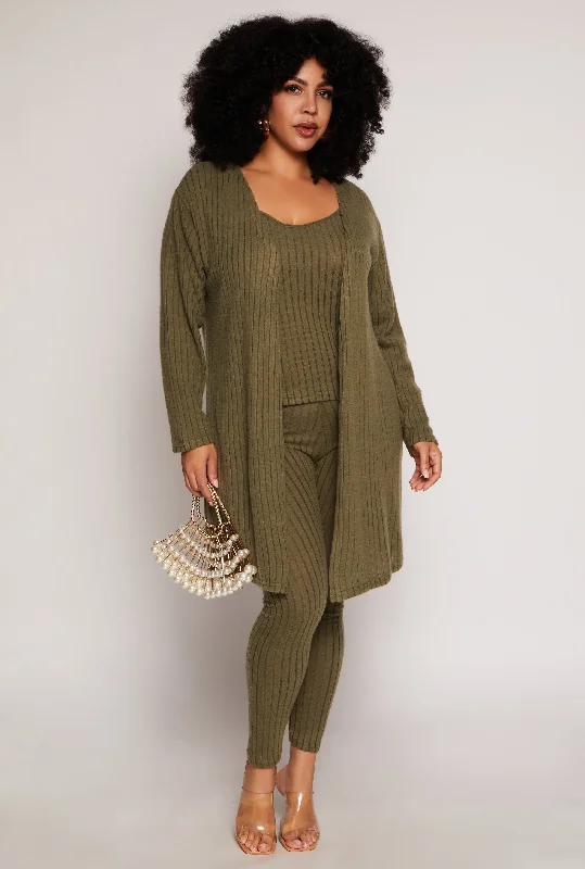 plant-based cardigan green -Plus Size Brushed Ribbed Knit Long Cardigan