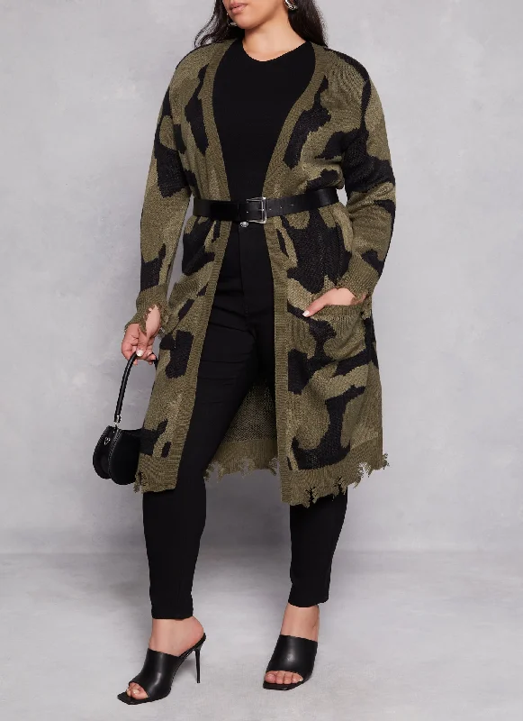 cardigan with fringe cuffs -Plus Size Camo Distressed Long Cardigan