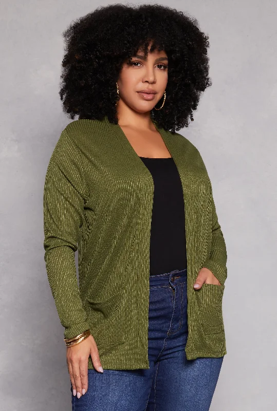 cardigan with satin trim -Plus Size Ribbed Knit Open Front Cardigan