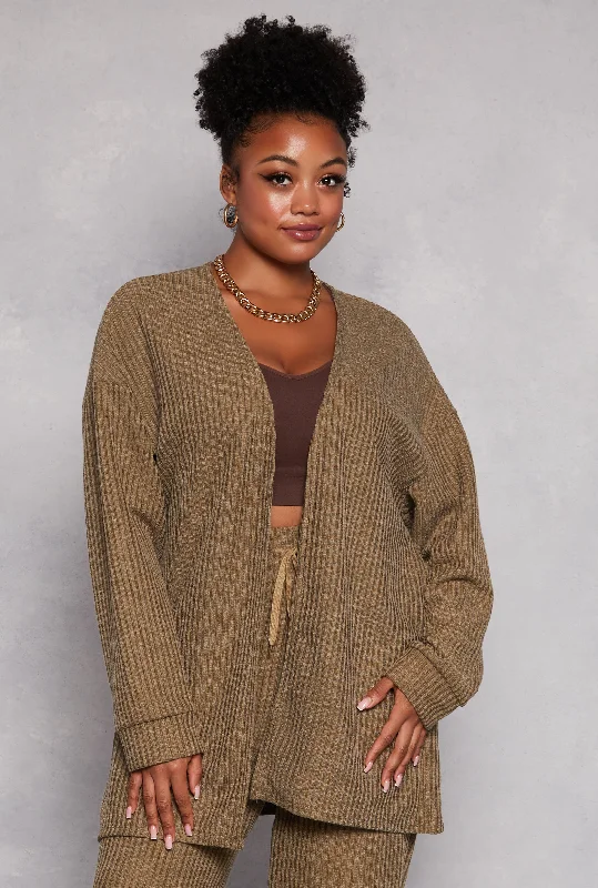 cardigan with slit cuffs -Plus Size Ribbed Open Front Cardigan