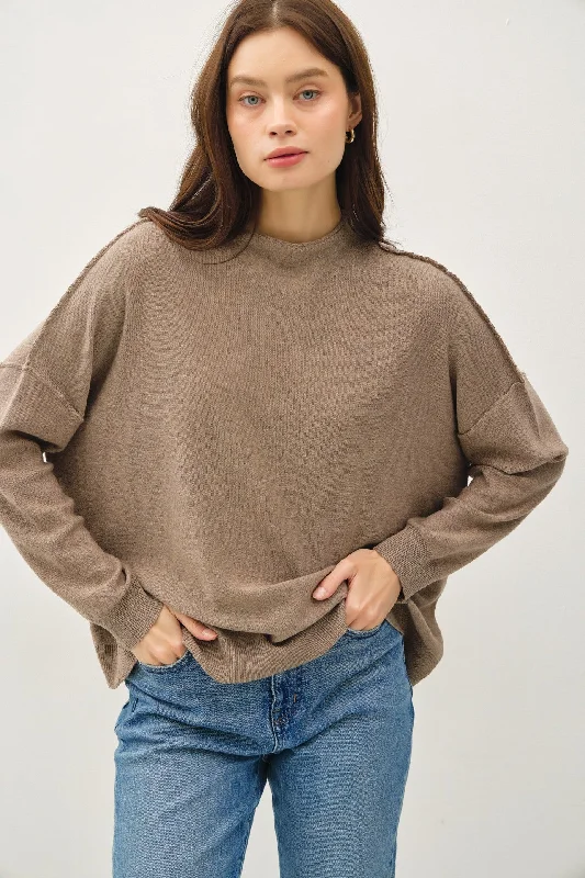 cropped pullover sweater trendy -Oversized Mock Neck Sweater with Raised Seam