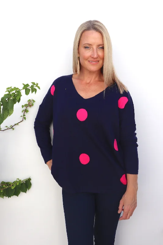 pullover sweater women rich burgundy -Polka Dot Navy Sweater