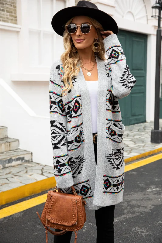 patterned bamboo cardigan bold -Printed Long Sleeve Cardigan with Pocket