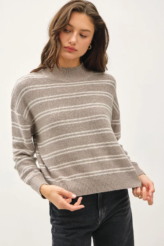 pullover sweater with fringe -Ribbed Knit Double Stripe Mock Neck Sweater