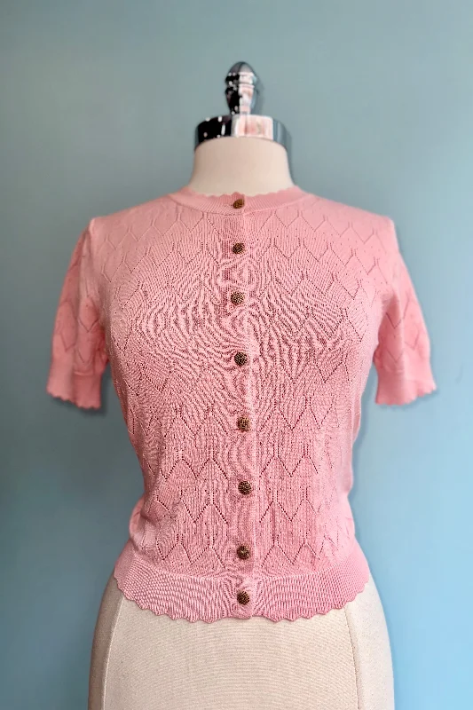 patchwork cardigan artsy vibe -Scalloped Short Sleeve Cardigan in Pink by Banned