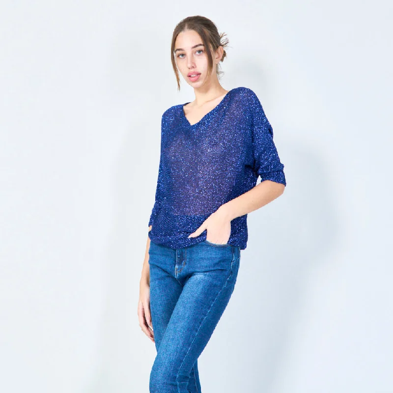 pullover sweater with slits -Shimmering loose knit pullover wholesale