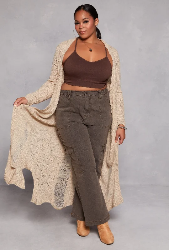 cardigan with satin cuffs -Plus Size Solid Distressed Long Cardigan