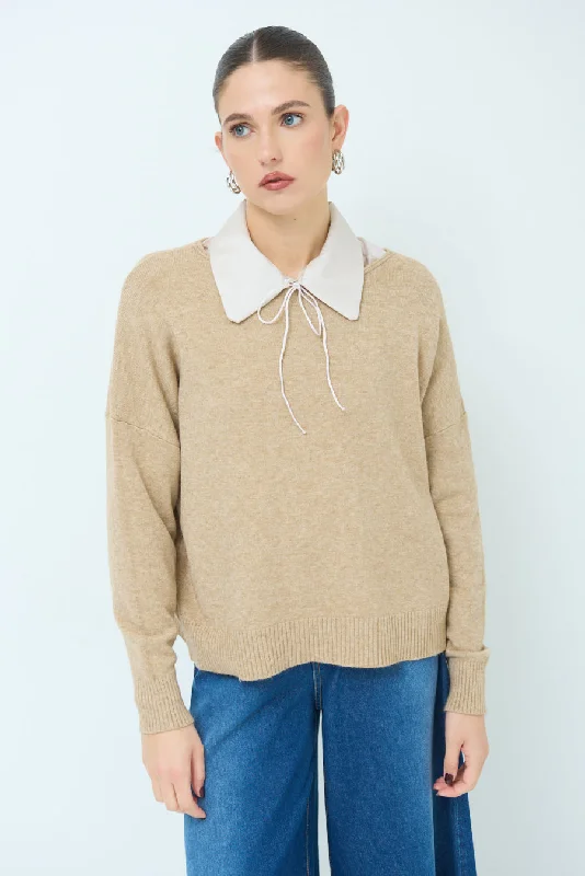 organic linen pullover sweater -Sweater with detachable collar detail wholesale