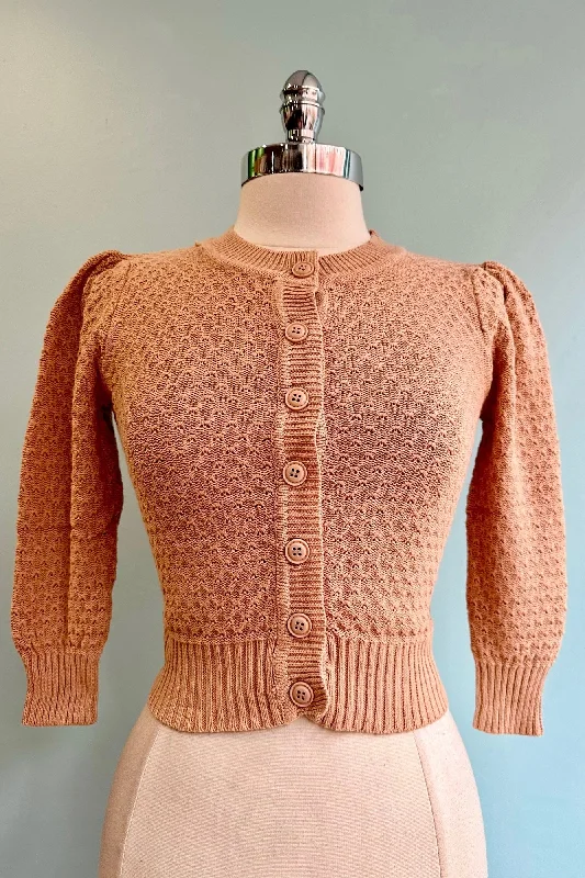 cardigan for women soft amber -Tan Puff Sleeve Cropped Cardigan