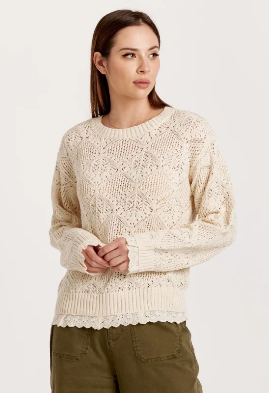 pullover sweater with slits -TORRANCE SCALLOP LACE SWEATER VINTAGE CREAM