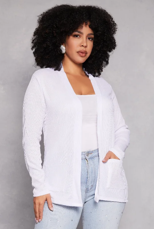 cardigan with flared sleeves -Plus Size Ribbed Knit Open Front Cardigan