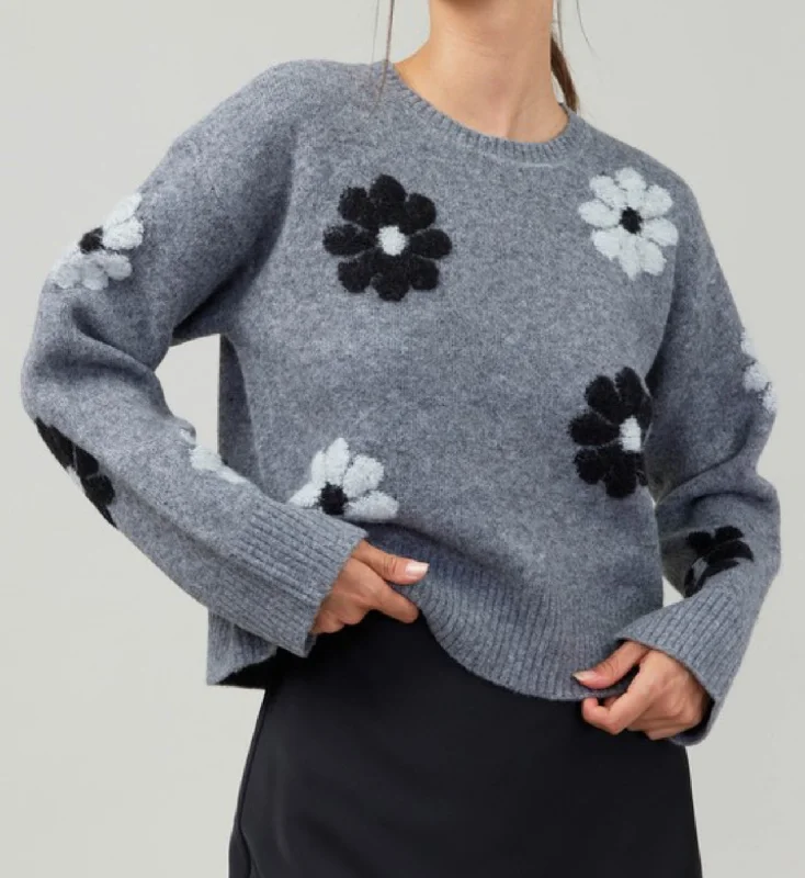 pullover sweater women soft violet -Willow Long Sleeve Crew Neck Flower Sweater