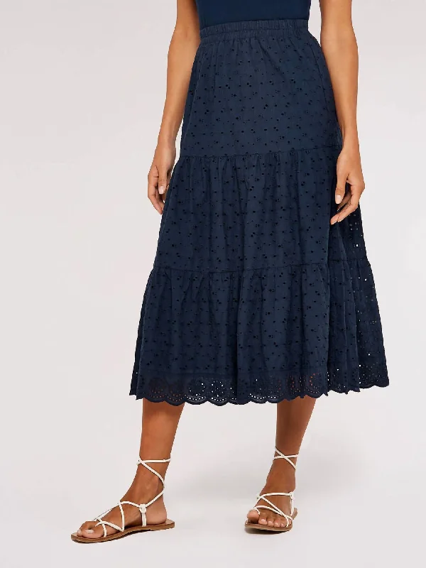 tonal chic skirts -Broderie Tiered Midi Skirt In Navy