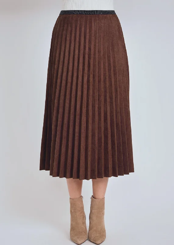 flowy chic skirts -Brown Pleated Suede Midi Skirt