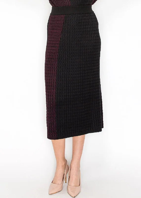 personalized hem skirts -Burgundy and Black Cable Knit Contrast Skirt