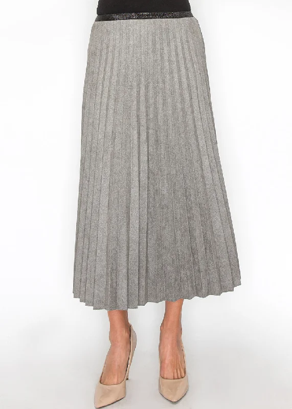 cropped wrap skirts -Gray Suede Pleated A-Line Skirt