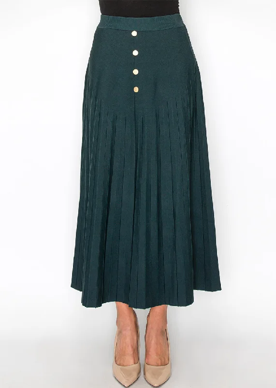 oatmeal comfy skirts -Green Pleated Midi Skirt with Button Accents