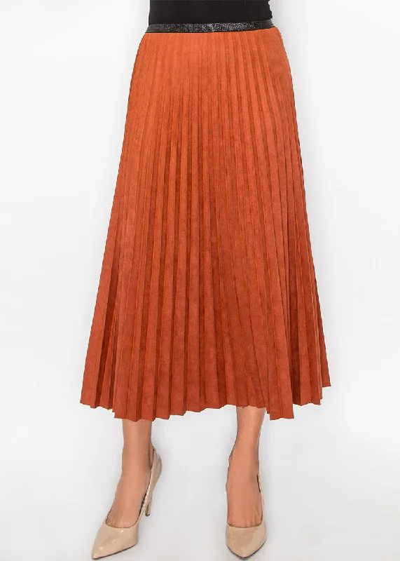 cropped grid skirts -Rust Suede Midi Skirt with Pleats