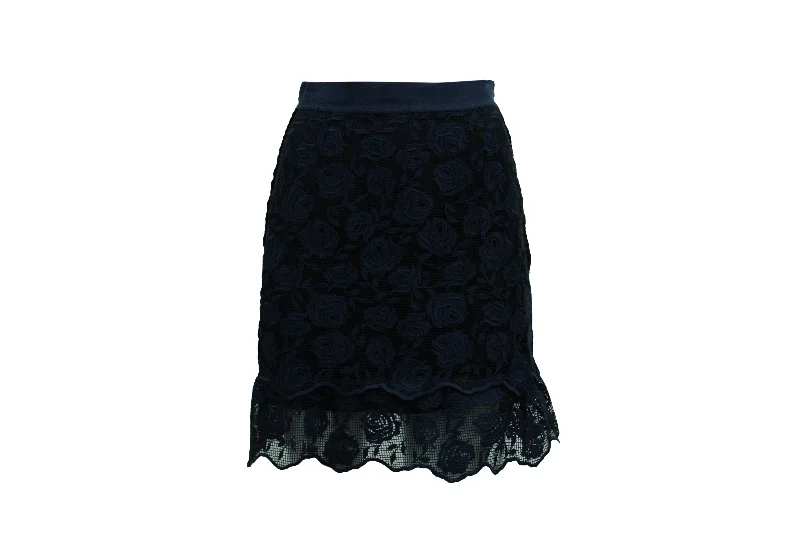 brick lounge skirts -Sandro Dee Rose Pattern Lace Skirt in Navy Blue Polyester