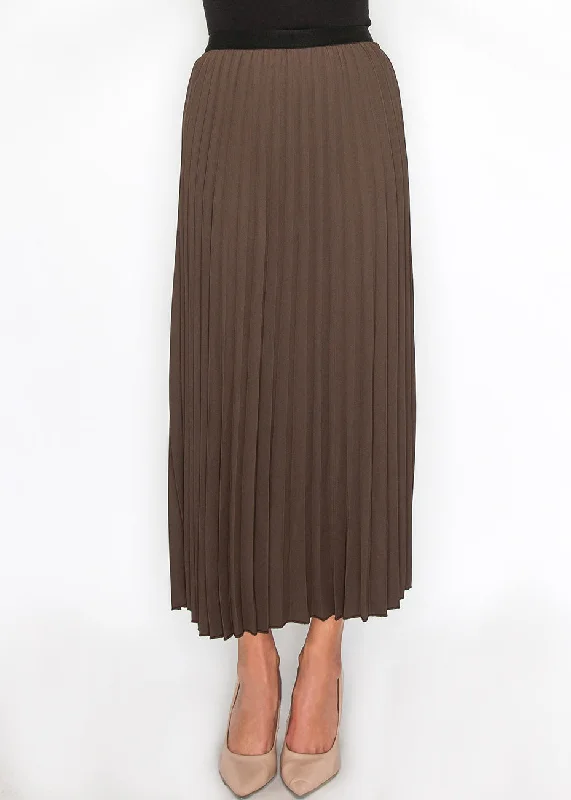 satin finish skirts -Soft Pleated Brown Midi Skirt