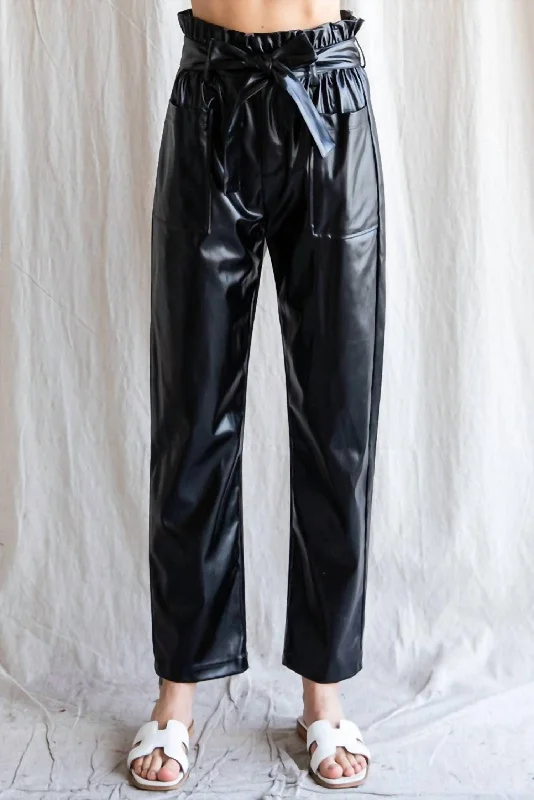 petite stretch pants -Faux Leather Belted Waist Pants In Black