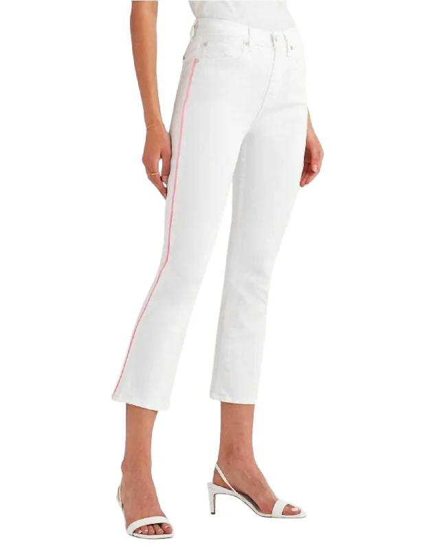 walnut comfy pants -High Rise Flare Crop Pink Piping Jeans In White