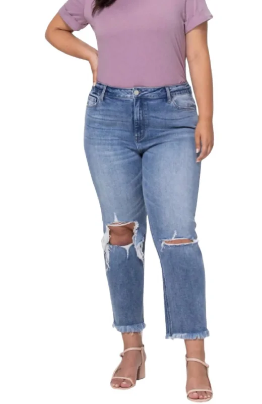 perforated active pants -High Rise Relaxed Distressed Crop Jeans - Plus In Blue