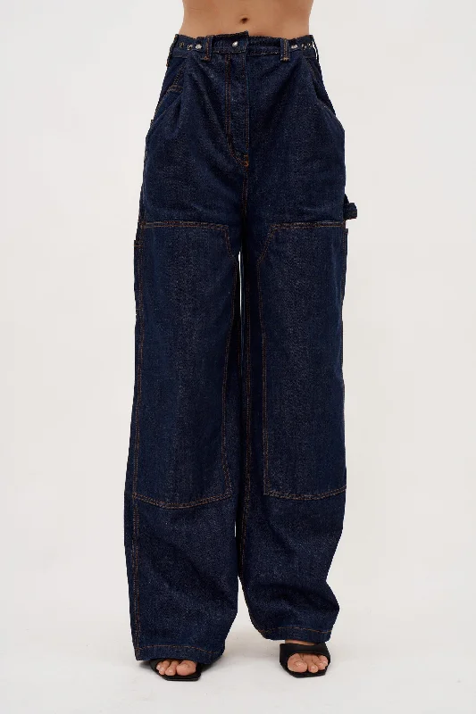 perforated active pants -Loose Leg Industrial Denim Navy Pants