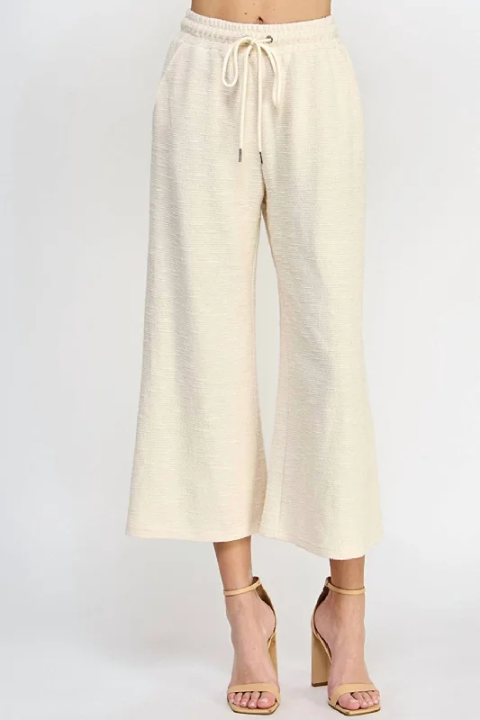 maternity stretch pants -Metalic Textured Cropped Wide Pants In Cream