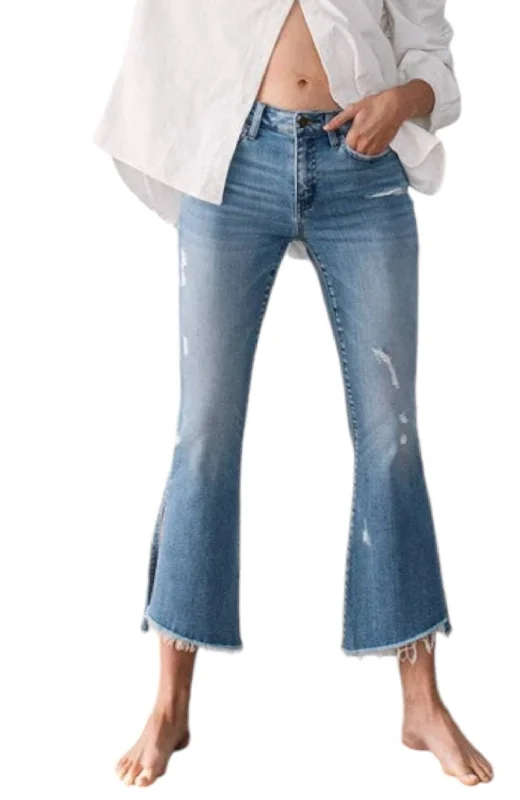 fluid utility pants -Mid Rise Crop Flare With Slit Jeans In Blue