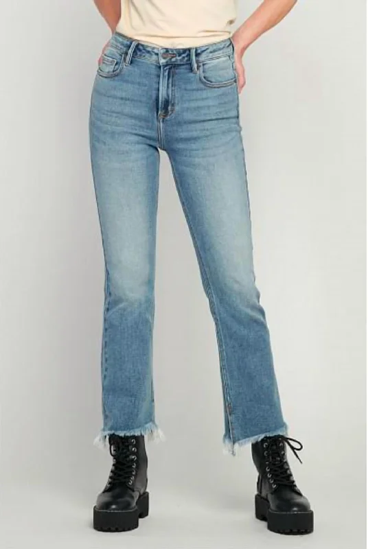 petite stretch pants -Mid Rise Flare Cropped Flare With Slit Jeans In Medium Wash