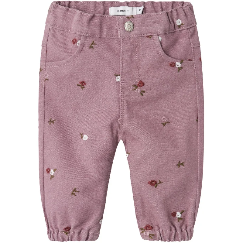 workout flex pants -Name It Elderberry Embroidery Rose Loose Twill Pants